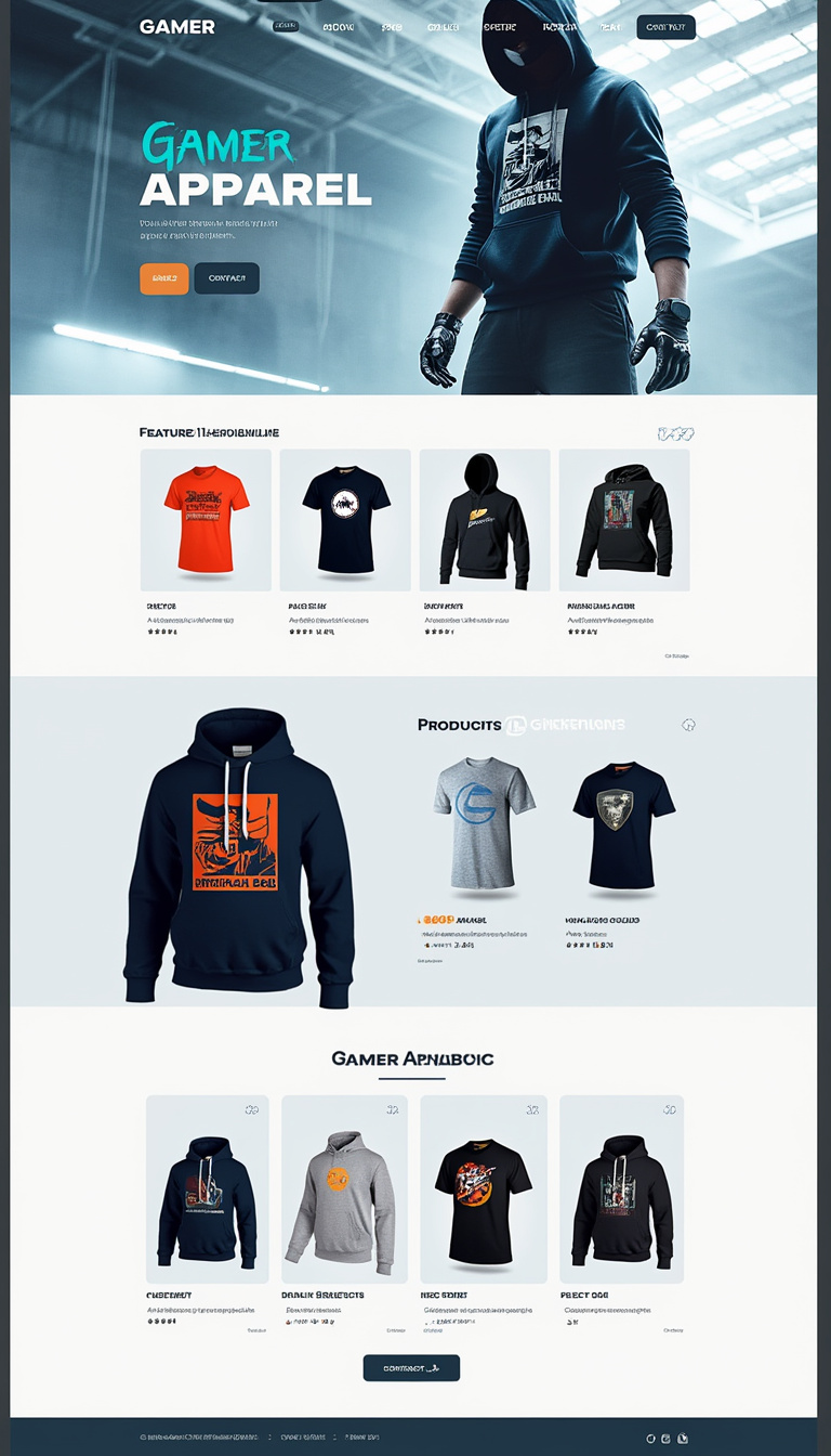 Design a clean, one-page website for gamer apparel featuring a modern layout, eye-catching visuals of clothing items, and a simple navigation menu. Include sections for featured products, customer testimonials, and a contact form.