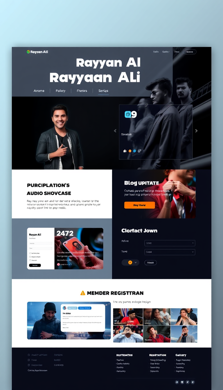 Create a sleek, modern single-page website for "Rayyan Ali" featuring a catchy introduction, a humorous roast section, audio showcase, blog updates, a contact form, a membership registration, and a visually appealing gallery. The design should emphasize a tech-inspired aesthetic, ensuring it is responsive and easy to navigate.