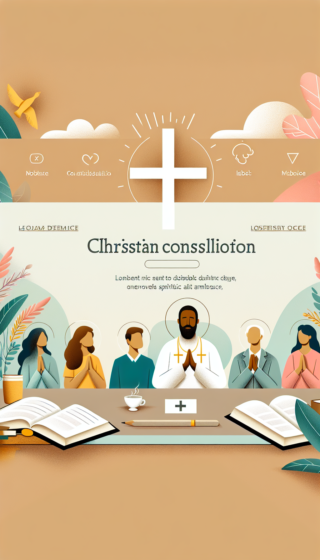Un diseño de sitio web para una consultoría cristiana, con elementos como una Biblia, una cruz, personas en oración, y un ambiente espiritual, todo en un estilo moderno y acogedor.