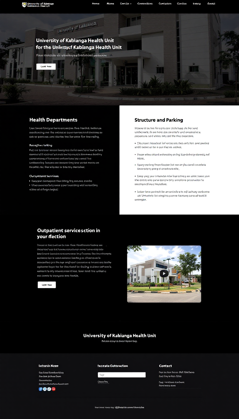 Design a simple one-page website for the University of Kabianga Health Unit, featuring sections for health departments, structure information, reception and parking procedures, outpatient services, and contact details. Include a brief video introduction showcasing the route from the university's main gate to the health unit and integrate a login system for users with university email addresses.