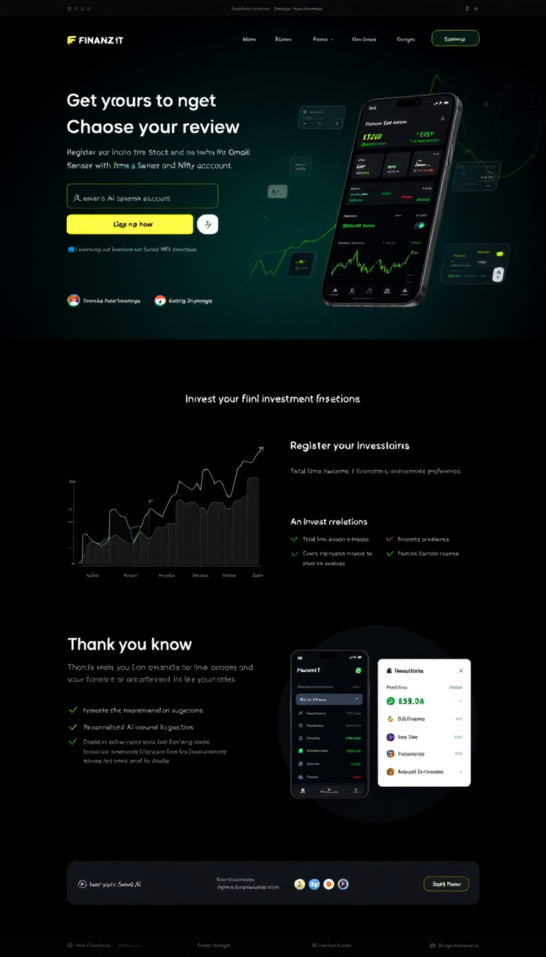Create a one-page website for "FinanzIt" featuring a login and sign-up section that allows users to register with Gmail or create a separate account. Incorporate dynamic animations like graphs, stock images, and quotes, displaying real-time Sensex and Nifty readings. Include sections for total income, investment preferences, and personalized AI suggestions, all designed with a sleek black and neon green color scheme. Finish with a thank you message.