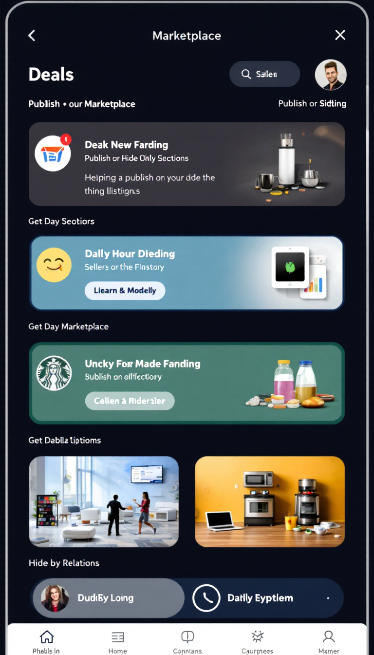 Design a digital marketplace screen showcasing various deals. The interface should include an option for sellers to publish or hide their listings, creating a clean and user-friendly experience.