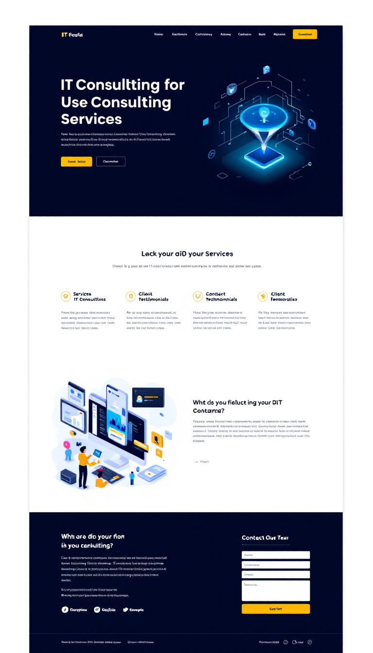 Design a one-page website for IT consulting services, featuring a clean layout with sections for services, client testimonials, and contact information. Use a modern color palette and professional fonts for a polished look.