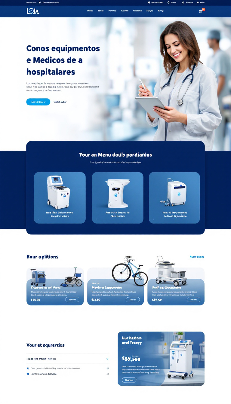 Crie um site limpo para uma loja de equipamentos médicos e hospitalares, com um menu interativo. Use uma paleta de cores em azul e branco, incorporando imagens de produtos e equipamentos.