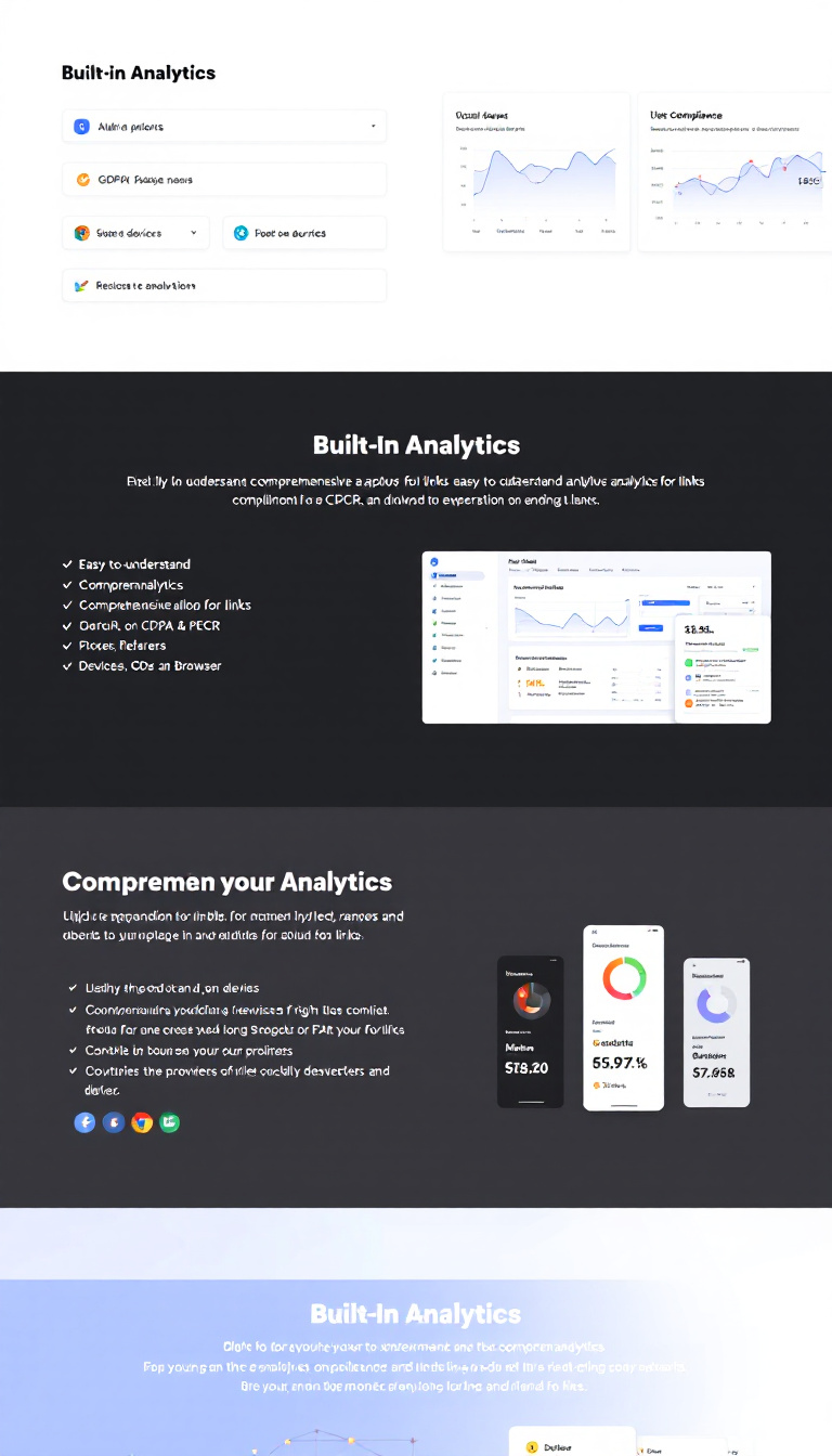 Design a clean and professional landing page showcasing built-in analytics features. Highlight easy-to-understand, comprehensive analytics for links, with compliance details for GDPR, CCPA, and PECR, focusing on metrics like countries, referrers, devices, and browsers.