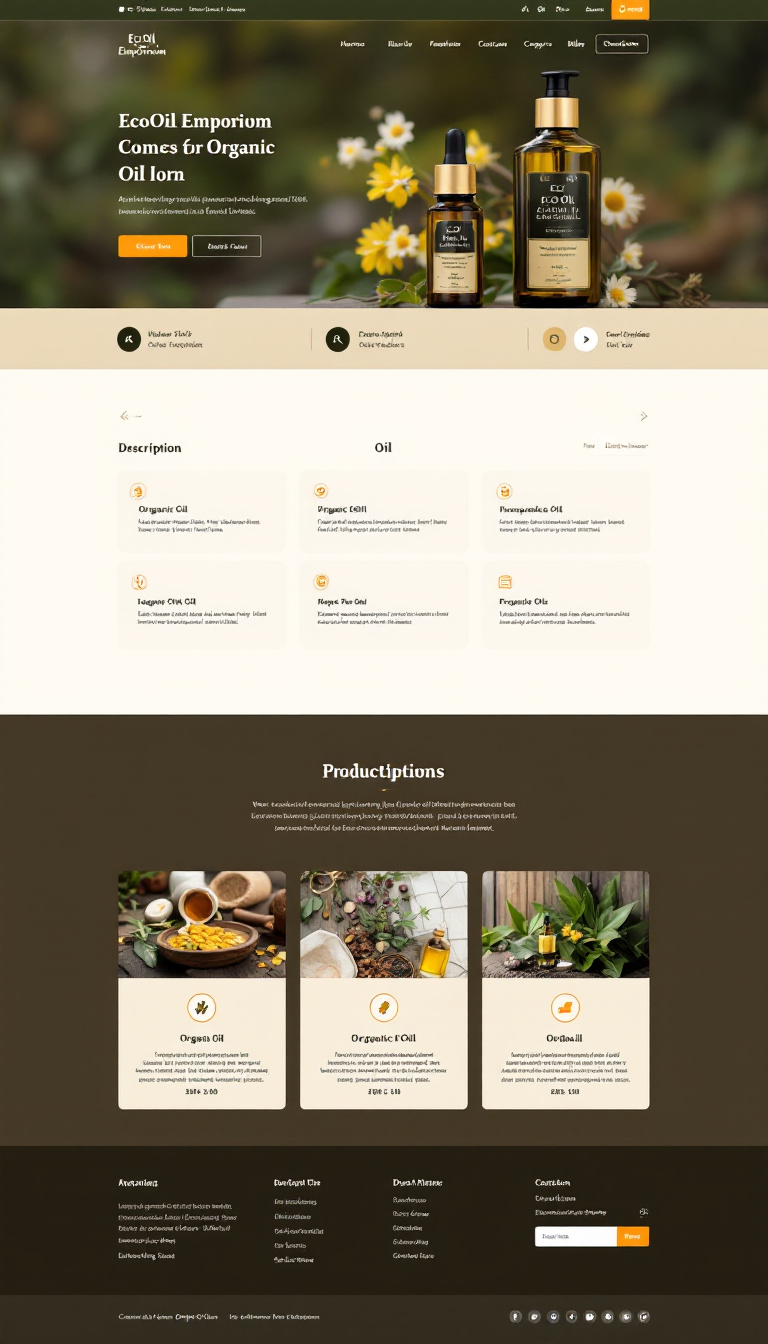 Design a one-page e-commerce website for EcoOilEmporium that showcases organic oil products with detailed descriptions. Use earthy colors to convey a natural vibe, incorporating sections for product displays, descriptions, and nature-inspired imagery.