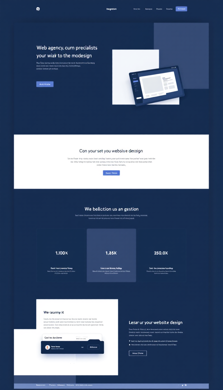Design a minimalist one-page website for a web agency specializing in website design. Use a modern block layout with a deep blue and white color scheme.