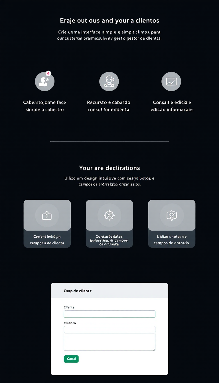 Crie uma interface simples e limpa para um gestor de clientes, destacando recursos como cadastro, consulta e edição de informações. Utilize um design intuitivo com botões e campos de entrada bem organizados.