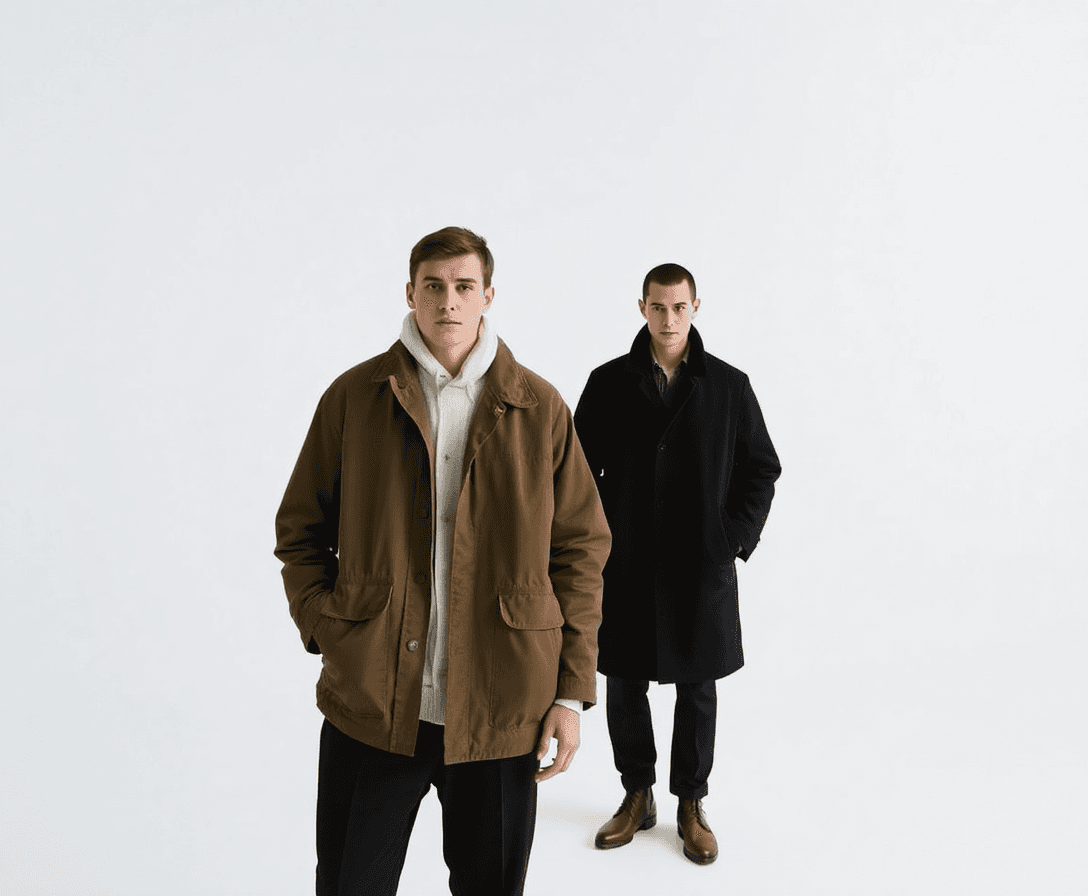 two models wearing paddock project's premium outerwear collection