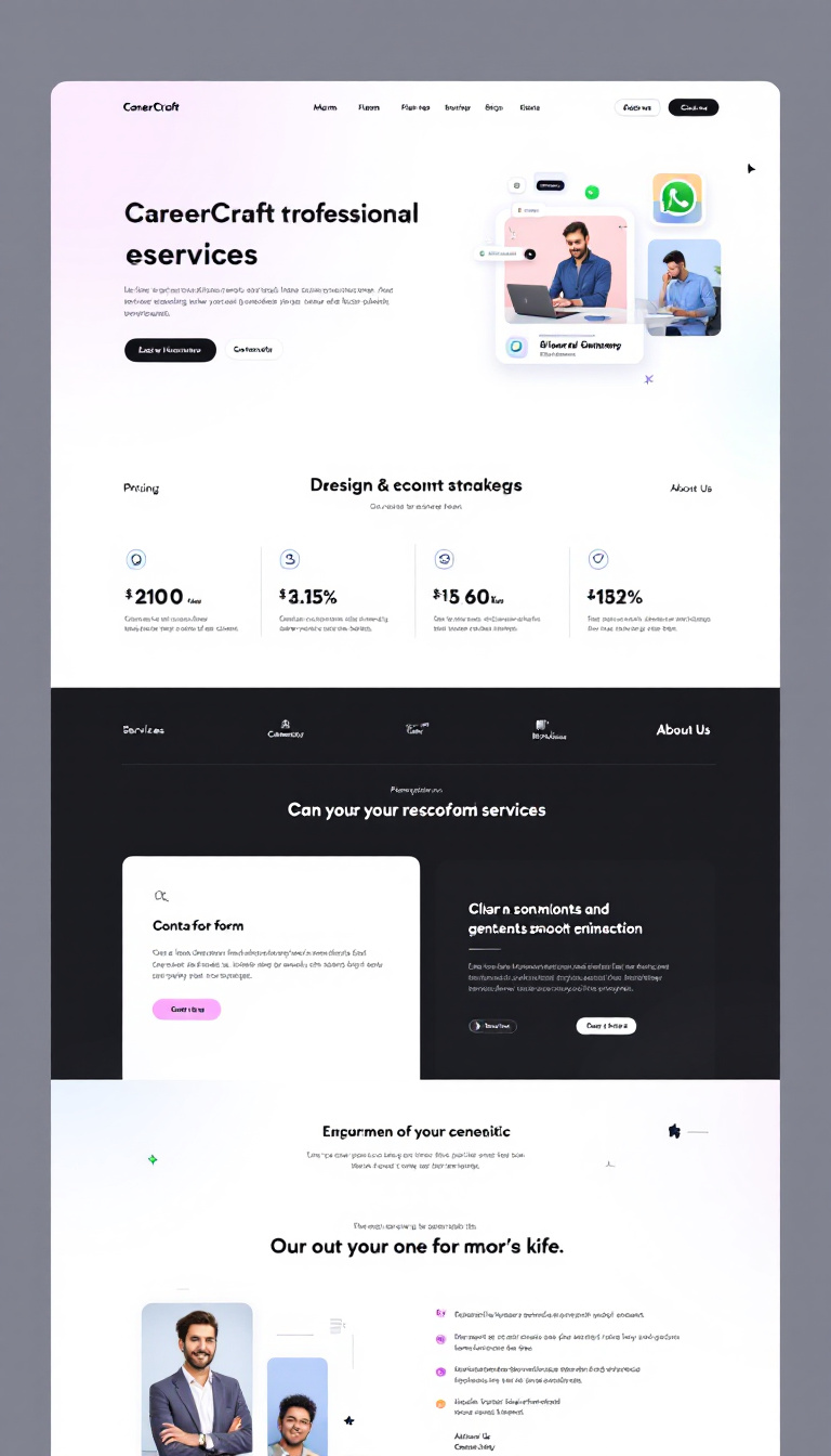 Design a modern one-page website titled "CareerCraft" for a professional service provider, featuring a floating WhatsApp contact button, a contact form, sections for services and pricing, client testimonials, and an About Us section. Ensure the site is fully responsive, incorporates smooth animations, and follows SEO best practices, with a clean, semantic structure ready for deployment.