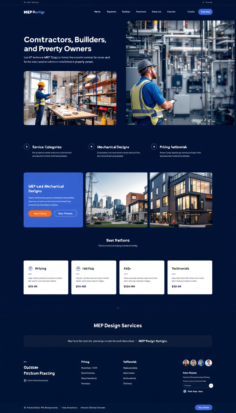 Create a one-page website for "MEP Design Services" at mep.peterch.org, targeting contractors, builders, and property owners. Include a clean layout with a navigation header, an image slider in the hero section, service categories for electrical and mechanical designs, a pricing section, FAQs, testimonials, and interactive features like a quote request form. Use professional colors and fonts to enhance the visual appeal.
