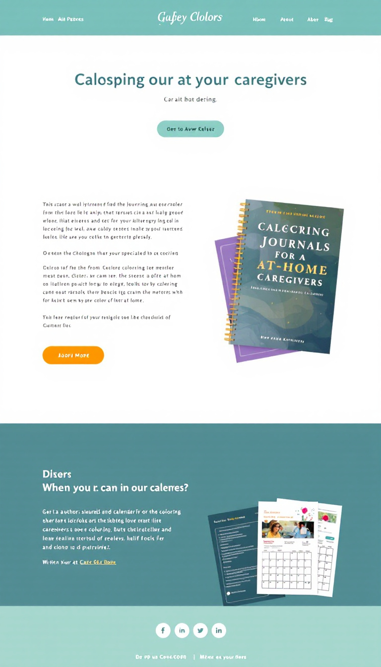 Design a one-page website for an author specializing in journals and calendar books for at-home caregivers. The site should highlight stress-relief tools like coloring, featuring a clean layout and calming colors.