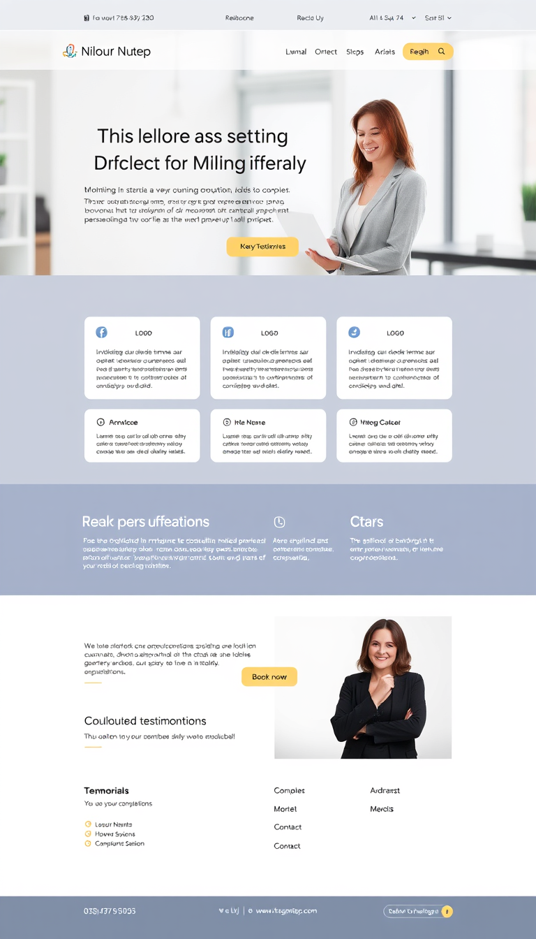 Design a single-page website for a consulting business featuring a professional header with the business name and logo, a brief introduction to the services, and a section detailing key offerings. Include client testimonials, a call-to-action button for booking consultations, contact information, and a footer with social media links, all in a clean, modern, and mobile-friendly layout.