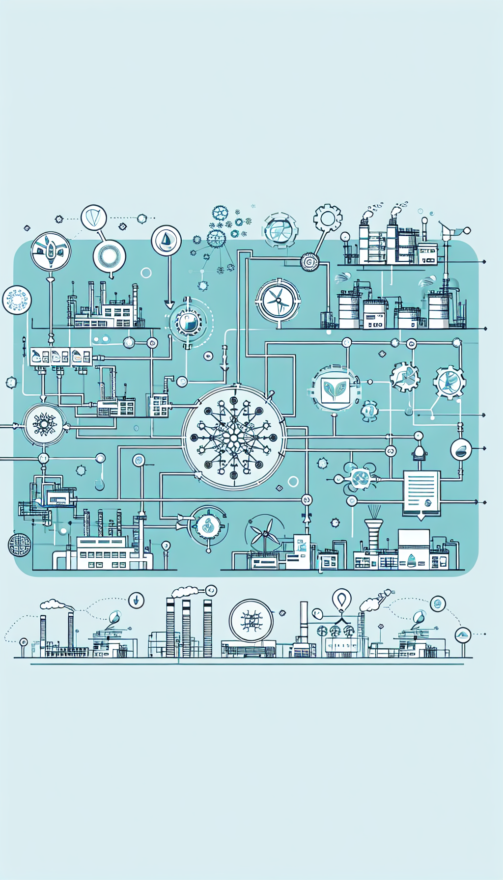 Illustrazione schematica di sistemi tecnologici interconnessi con linee di connessione e icone rappresentanti diversi componenti impiantistici