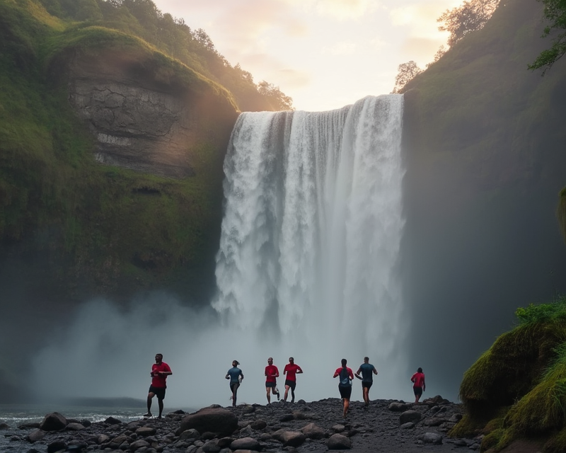 Stunning waterfall in Arusha Tanzania with runners exploring the natural landscape