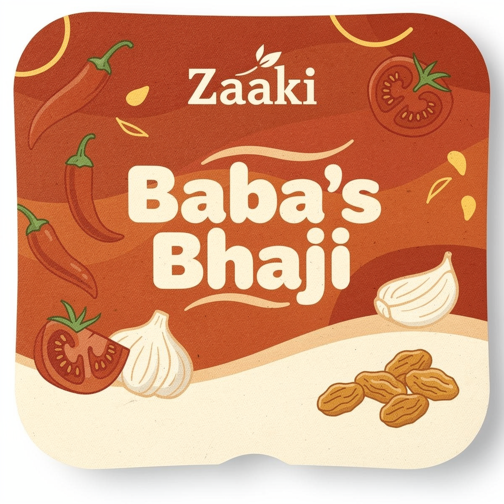 Create a **high-resolution, print-ready square label design (3.4 inch x 3.4 inch, 300 DPI)** for a premium hummus brand called **Zaaki**. The design should feel **bold, vibrant, playful, and modern with a Gen Z-friendly food brand aesthetic**, while still looking clean and retail-ready.
---
### 🧱 **LAYOUT STRUCTURE (TOP → BOTTOM)**
**1. TOP SECTION (LOGO AREA)**
* Place the **Zaaki logo centered at the top**, in **white**
* Logo should be **small to medium size (about 10–15% of label height)** — not dominant
* Keep it crisp, flat, no distortion, no shadows
---
**2. FLAVOR NAME (PRIMARY FOCUS)**
* Directly below the logo, place the flavor name:
**“Baba’s Bhaji”** (correct spelling exactly like this)
* Make this the **largest text element on the label**
* Use **bold, rounded, friendly sans-serif typography**
* Color: **warm white or cream** for high contrast
* Slight curvature or organic baseline is okay for a playful feel
---
**3. BACKGROUND DESIGN**
* Use a **rich red-orange gradient background** (burnt orange → tomato red tones)
* Add a **soft flowing “wave” transition** into a **creamy off-white bottom section**
* Include **playful illustrated ingredients floating around the top/middle area**, such as:
* Red chili peppers
* Tomato slices
* Garlic cloves
* Golden raisins
* Illustrations should be:
* **Flat, slightly textured, hand-drawn style**
* Playful but not cluttered
* Integrated into the background (not stickers)
---
**4. TAGLINE (FUN + EXPRESSIVE)**
* Place below the flavor name:
**“Tad Spicy. Tomato-forward. Cozy in every bite.”**
* Style:
* Slightly **script-like or casual handwritten font**
* Color: deep red or clay tone
* Add a **subtle curved underline or swoosh**
* Should feel **playful and inviting, not corporate**
---
**5. INGREDIENT SECTION (BOTTOM AREA)**
* Add a section header:
**“INGREDIENTS”** (small caps, centered, spaced out)
* Below, list ingredients cleanly in **2–3 lines**:
CHICKPEAS • TOMATOES • GOLDEN RAISINS • TAHINI • OLIVE OIL • LEMON JUICE • CHILIS • GARLIC • SALT • BROWN SUGAR • CITRIC ACID • SPICES
* Typography:
* Small, clean sans-serif
* Color: dark brown or muted red
* Use dot separators (•)
---
**6. WEBSITE**
* At the very bottom, centered:
**zaakieats.com**
* Make slightly larger than ingredients text
* Clean sans-serif, spaced out, highly legible
---
### 🎨 **COLOR PALETTE**
* Burnt orange / tomato red (primary)
* Cream / off-white (base)
* Deep red / clay (accents)
* Warm yellow highlights
* Subtle green ONLY if needed in ingredients (very minimal)
---
### ✨ **STYLE NOTES**
* Lighting: **bright, clean, studio-quality**
* Texture: **light grain for warmth but not heavy**
* Avoid:
* Overly realistic photography
* Mediterranean tile patterns
* Ornamental borders or clichés
* Overcrowding
* Overall vibe:
* **Bold, modern, playful**
* **Food-forward and craveable**
* **Premium but approachable**
* **Designed to stand out on shelf**
---
### 📦 **OUTPUT REQUIREMENTS**
* Square format (1:1 ratio)
* 300 DPI
* Print-ready
* Clean edges with slight rounded corner framing to mimic container lid