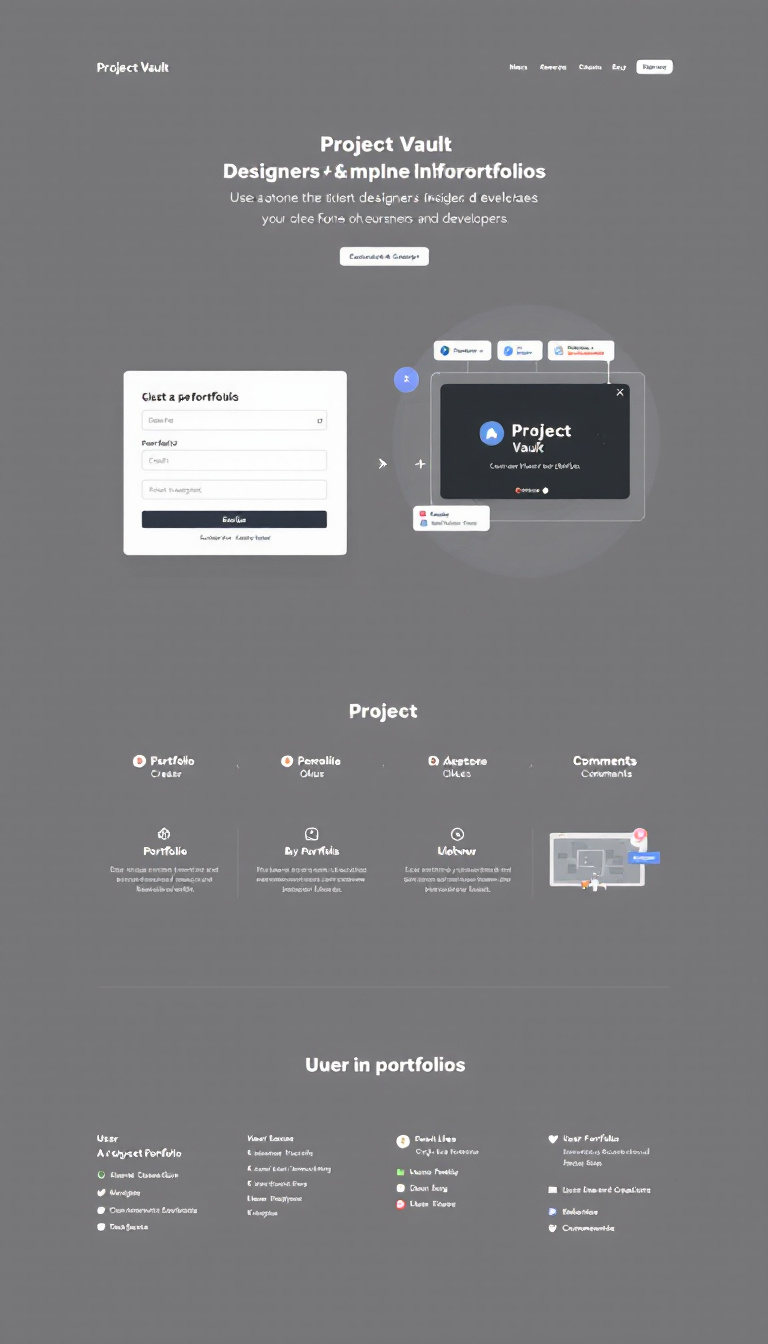 Design a clean and professional one-page website for 'Project Vault', aimed at designers and developers. It should feature user authentication through OAuth, portfolio creation, project uploads, engagement options like likes and comments, and emphasize showcasing user portfolios effectively.