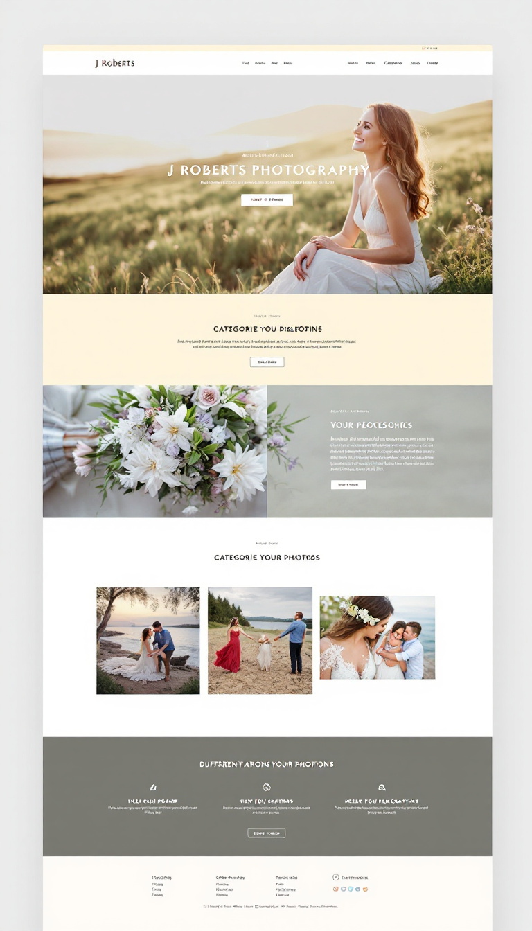 Design a one-page website for J Roberts Photography, featuring a clean layout with distinct sections to showcase different categories of your photos. Include an inviting color scheme and easy navigation.