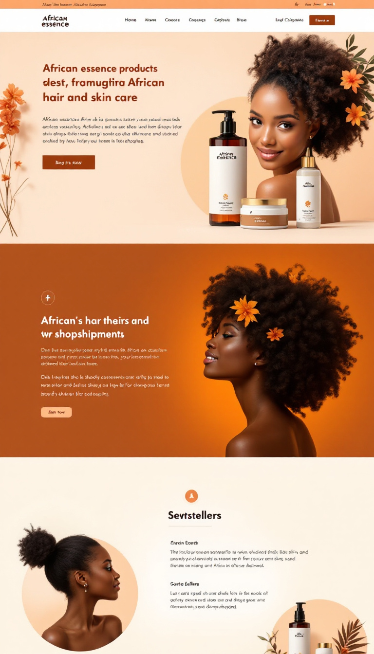 Design a one-page website showcasing African essence products that highlight African hair and skin care. Include bestsellers tailored for Shopify and dropshipping.