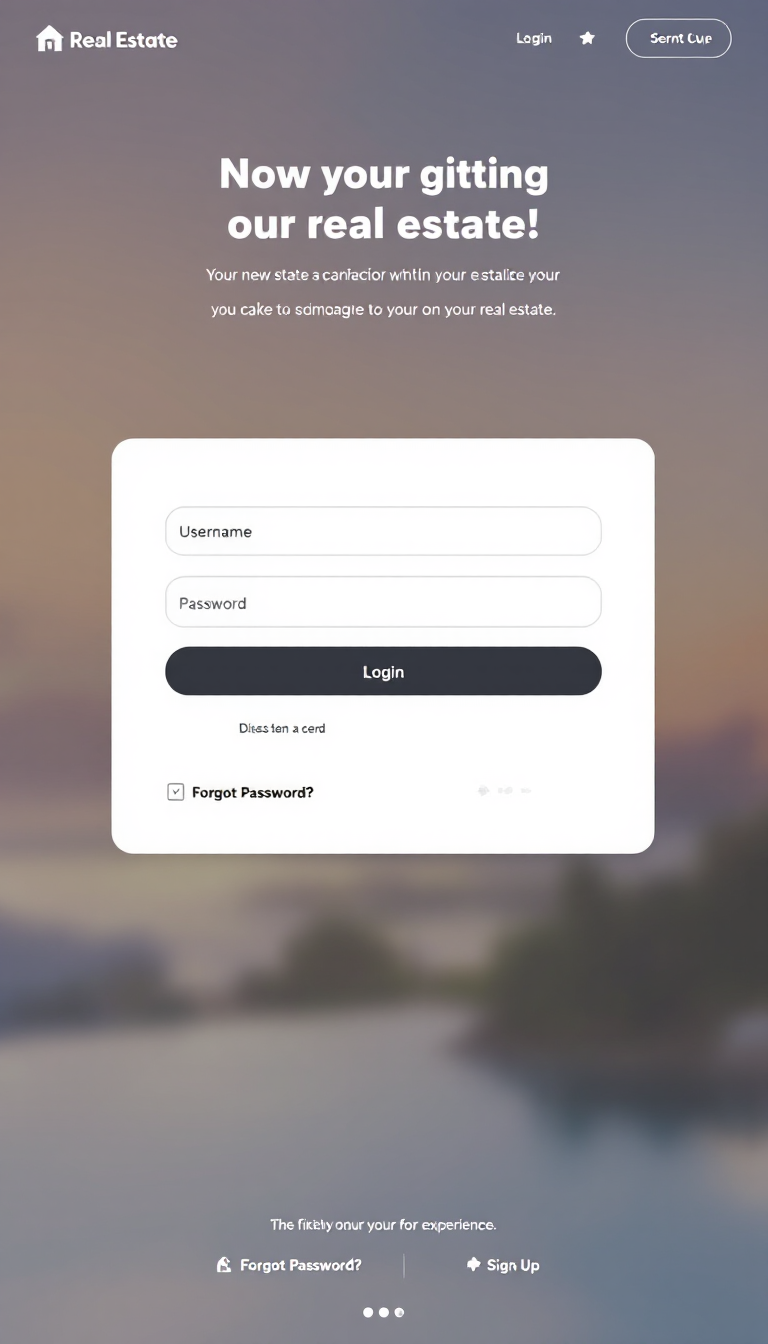 Design a clean and simple one-page login interface for a real estate website. Include fields for username and password, a "Login" button, and links for "Forgot Password?" and "Sign Up." Use a modern, inviting color scheme to enhance user experience.