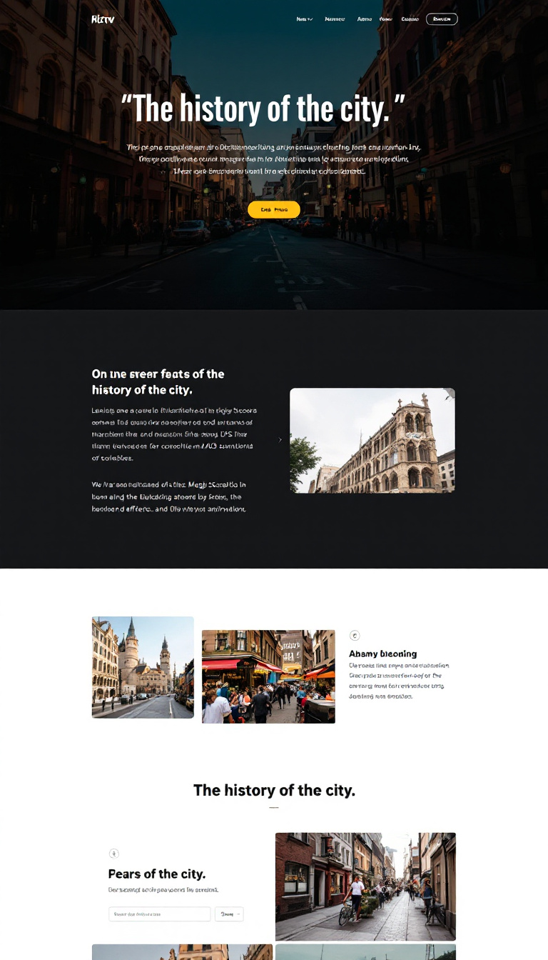 Design a simple one-page website showcasing the "history of the city" with a clean layout featuring photos and text. Implement HTML, CSS, and JavaScript using MagicScroll for scrolling effects and AOS for animations.