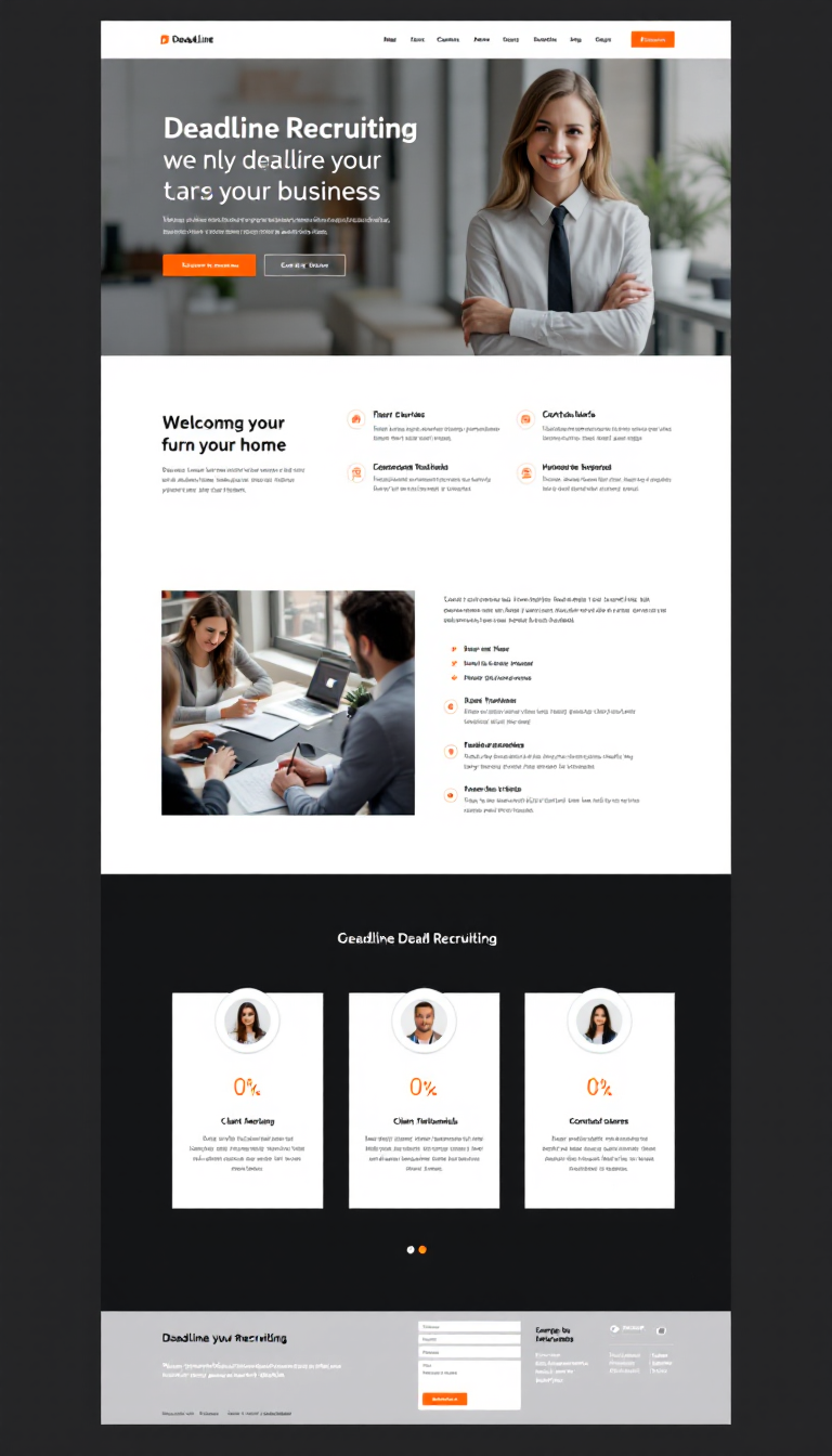 Design a sleek, one-page website for a business called Deadline Recruiting. Highlight services, client testimonials, and contact information in a clean, professional layout.