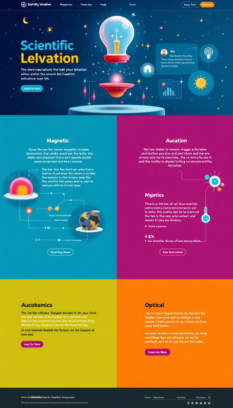 Create a vibrant one-page educational website about scientific levitation for a general audience and parents. It should include interactive games, videos, and sections that explain different types of levitation—magnetic, acoustic, and optical—using simplified yet accurate content to engage and educate visitors.