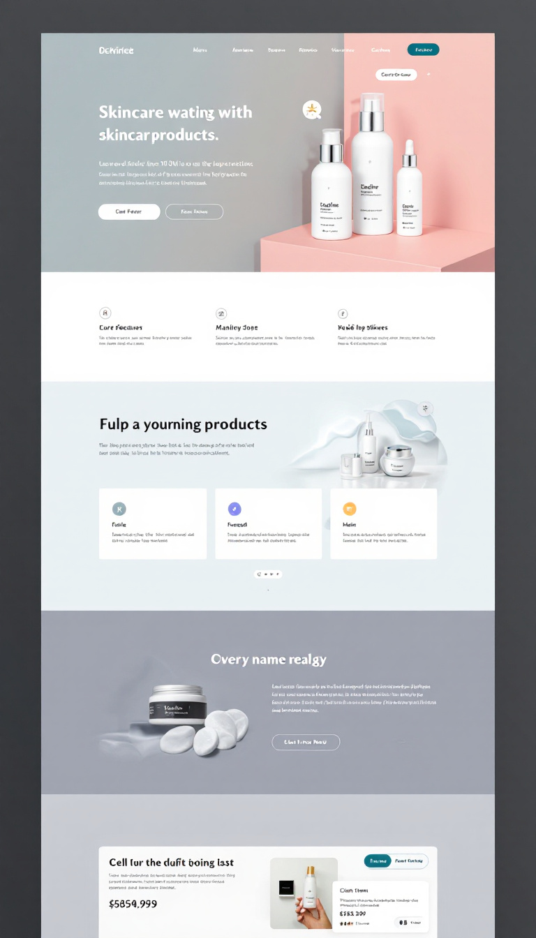 Create a clean one-page landing website design to effectively showcase and sell skincare products. The layout should be visually appealing and user-friendly, highlighting product features and encouraging purchases.
