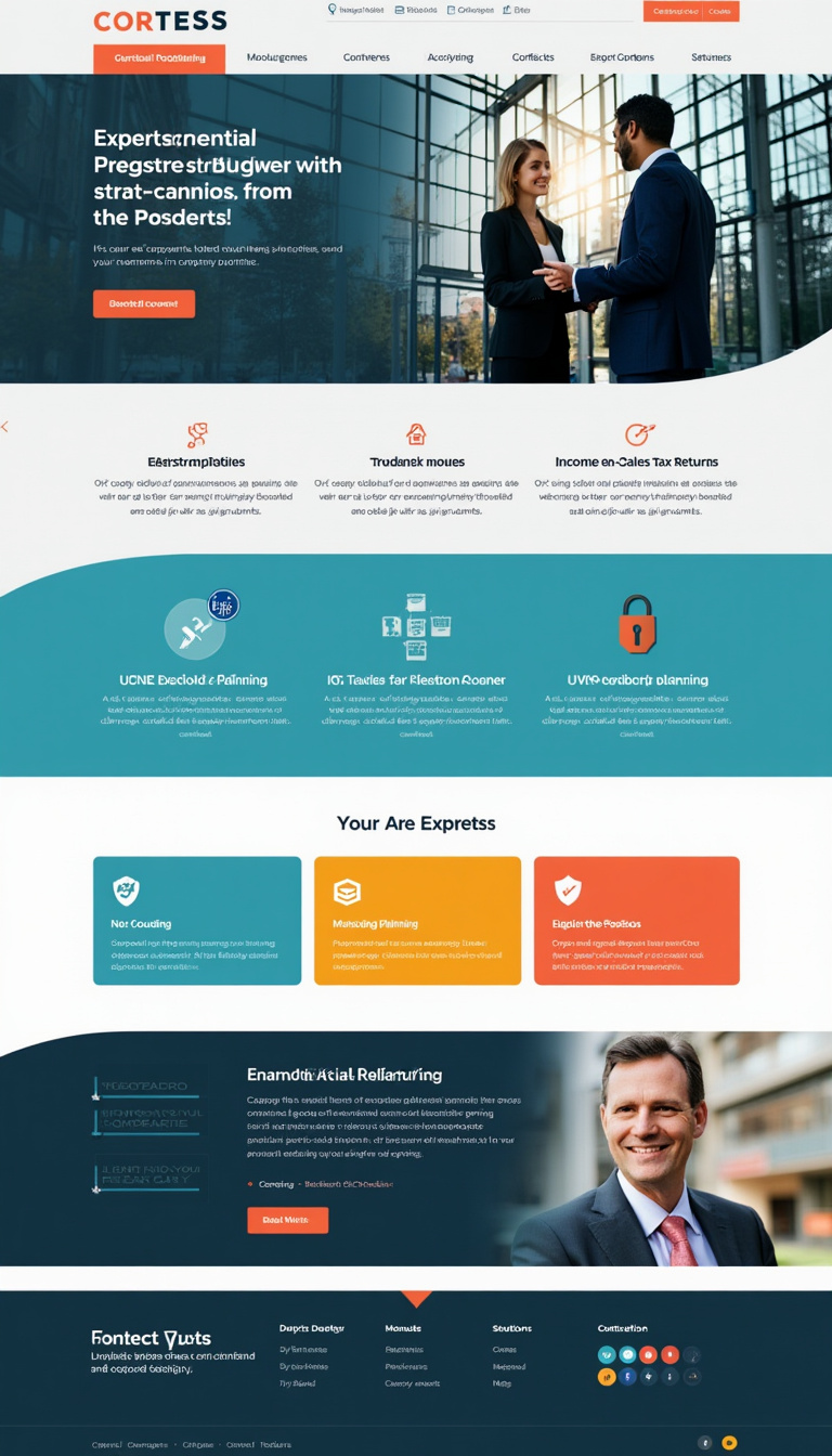 Design a one-page website for CORTESS, offering corporate and taxation solutions such as company registration, trademark services, income and sales tax returns, ISO compliance, educational planning, and security solutions. The layout should be modern and professional, reflecting expertise in these areas.