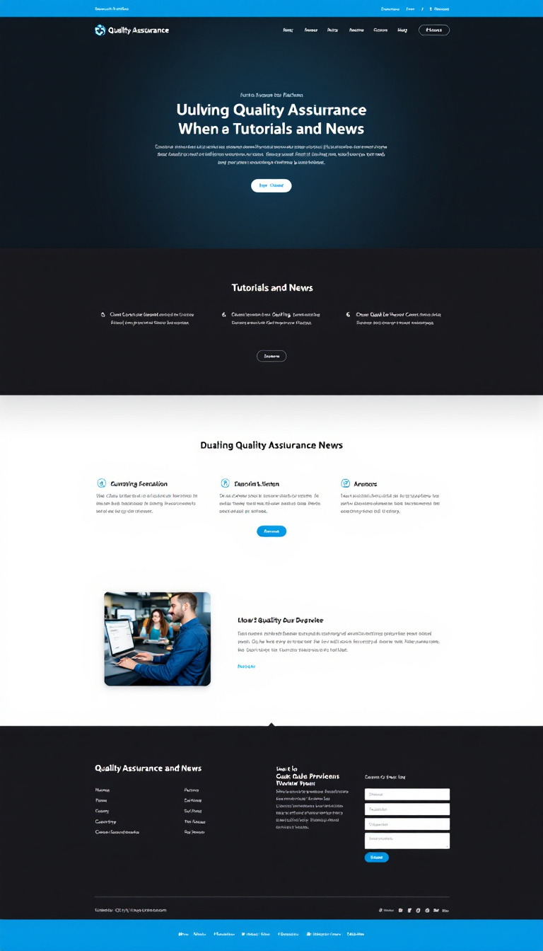 Design a one-page website focused on Quality Assurance tutorials and news. Use a color scheme featuring gray, blue, and black for a clean and professional look.