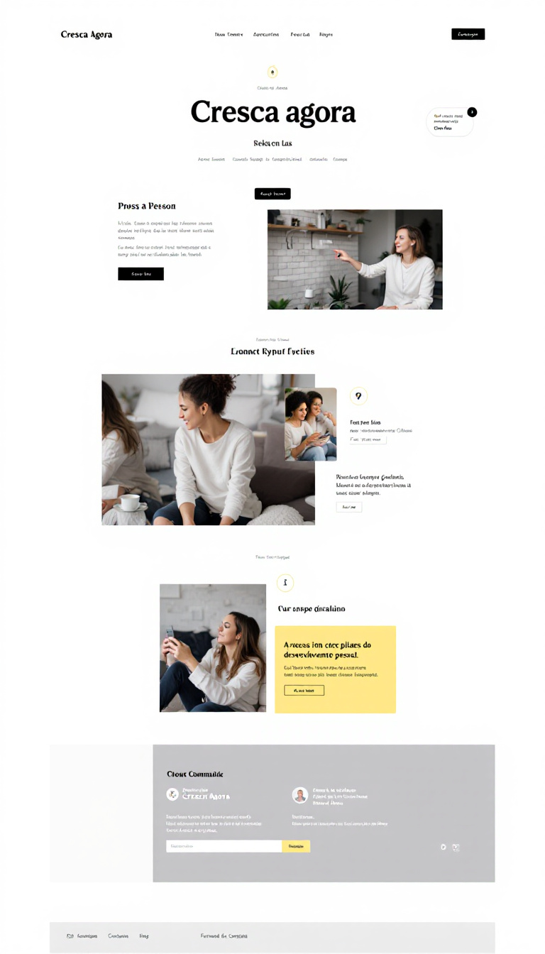 Crie um site simples e limpo chamado "Cresça Agora", focado em desenvolvimento pessoal. O site deve incluir seções como página inicial com recursos destacados, blog com artigos sobre cinco pilares do desenvolvimento pessoal, recursos gratuitos, cursos e workshops, uma comunidade para suporte, informações sobre a equipe e um formulário de contato, tudo em um layout minimalista com cores suaves e navegação intuitiva.