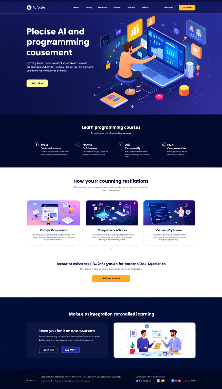 Design a simple one-page website for AI and programming courses that includes interactive lessons, completion certificates, a community forum, and options for free and paid content. Incorporate AI integration for personalized learning experiences.