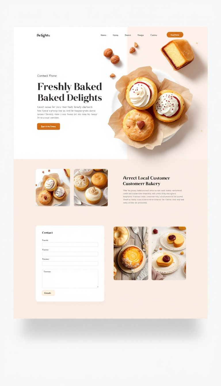 Design a one-page website for 'Freshly Baked Delights', a modern bakery. The site should feature beautiful product images, a contact form for inquiries, and an appealing clean layout that attracts local customers.