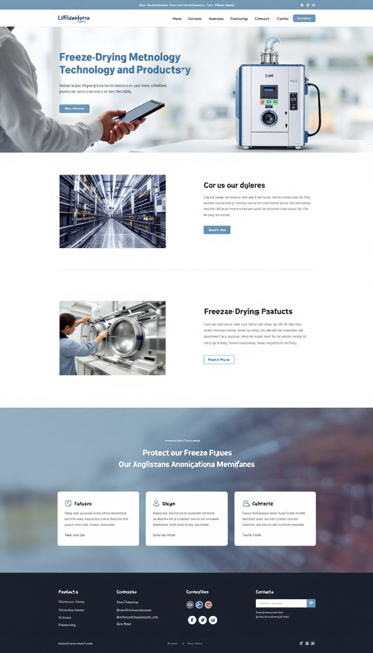 Create a simple and clean one-page website design for liofilizadoraschile.cl, showcasing freeze-drying technology and products. The layout should be user-friendly with a modern aesthetic, highlighting key features and contact information.