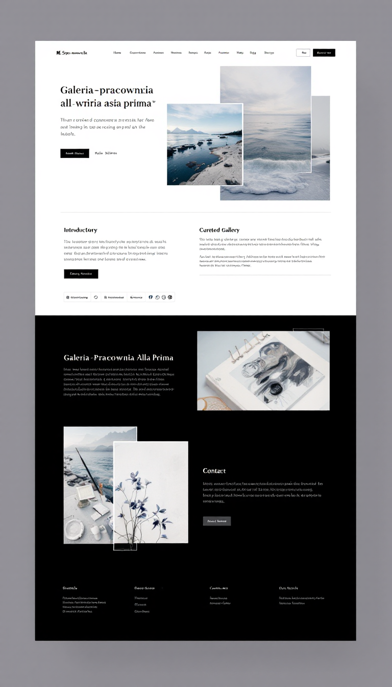 Design a modern, single-page website for "Galeria-Pracownia Alla Prima" by artist Kasia Synowiecka. The site should showcase her artwork in a minimalist style, with sections for an introductory bio, a curated gallery, details on the "Alla Prima" technique, and contact information, all seamlessly responsive across devices and browsers. Include a navigation bar, elegant visuals, and social media links.