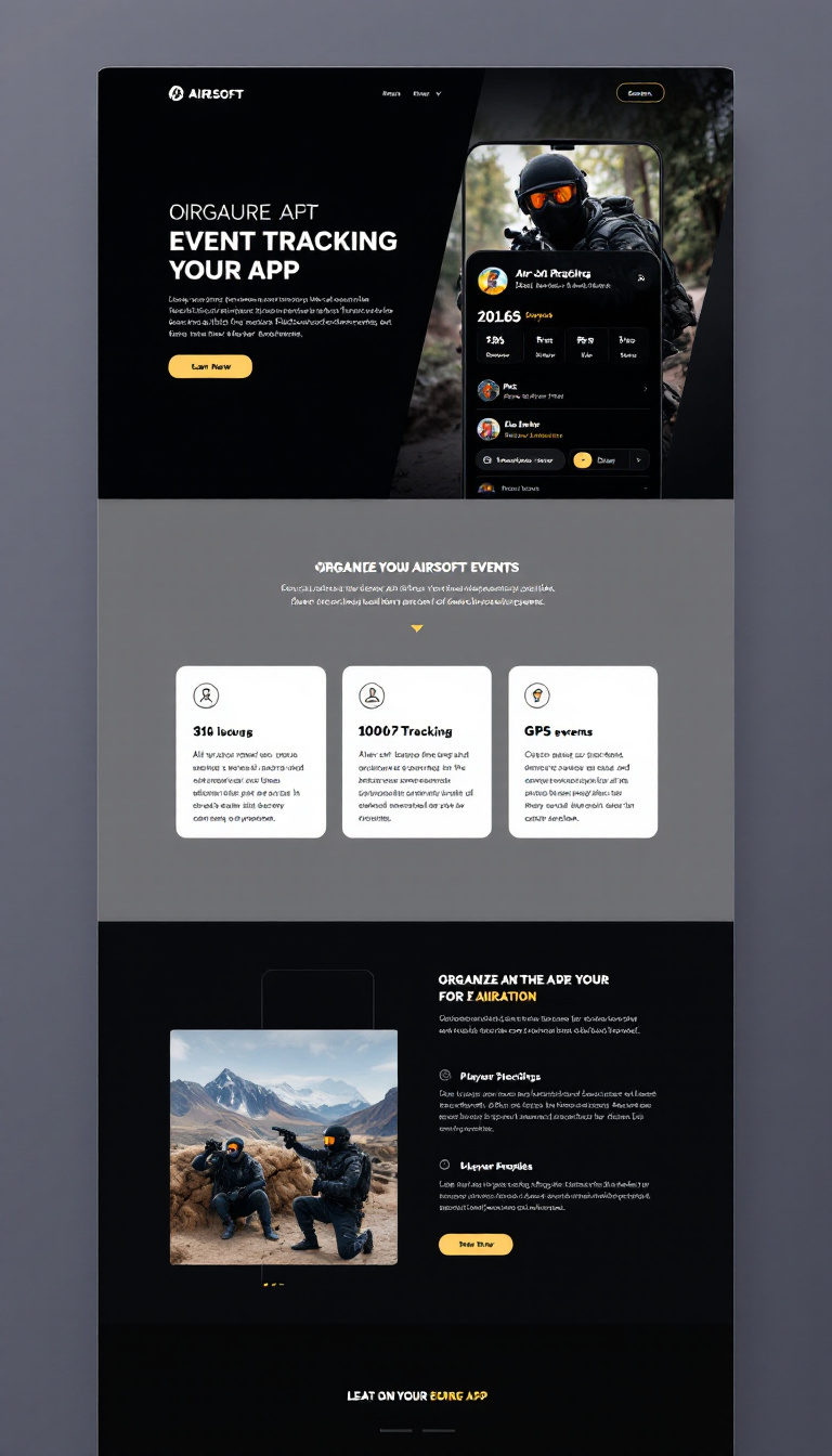 Design a clean one-page website for an airsoft app that features event tracking, player statistics, public profiles, and GPS functionality. Highlight the app's features for organizing airsoft events and enhancing player experiences.