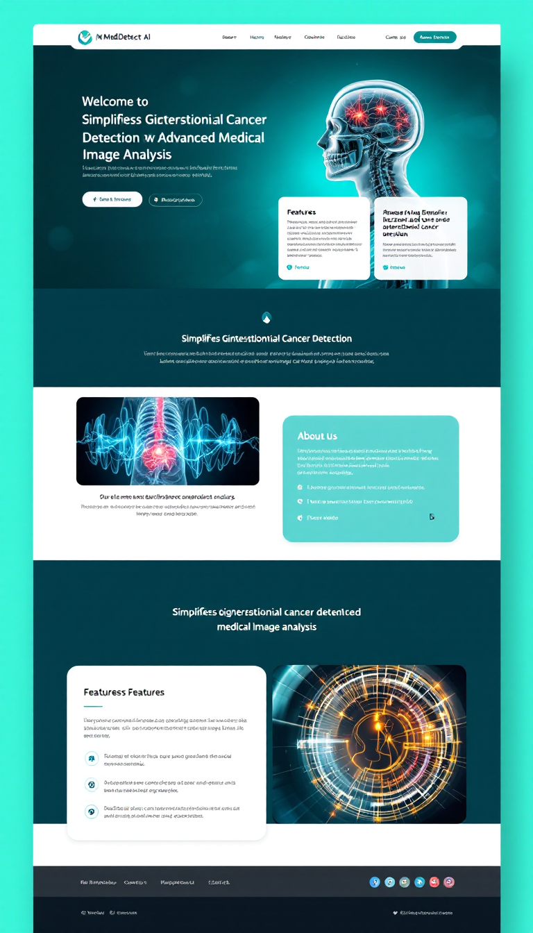 Create a one-page responsive website for MedDetect AI that simplifies gastrointestinal cancer detection with advanced medical image analysis. Include a welcoming banner, tagline, and sections for features, about us, and contact, along with a user-friendly design in a teal and aqua color scheme, responsive navigation, and social media links.