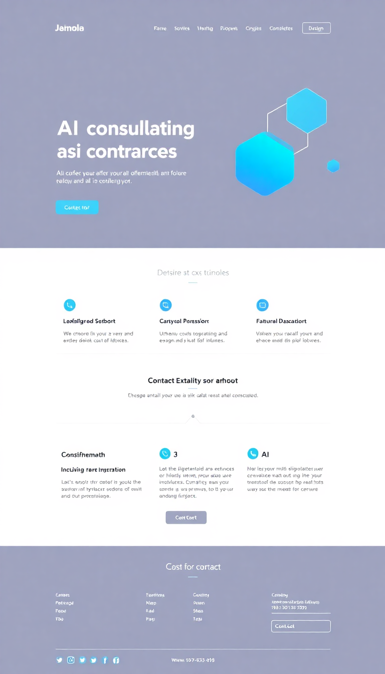 Design a simple and clean one-page website for an AI consulting business, featuring sections for services, testimonials, and contact information. Use a modern aesthetic with a professional color palette.
