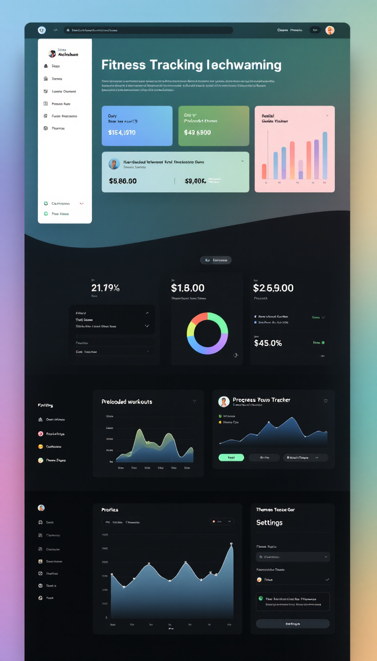 Create a one-page website for a fitness tracking application featuring a clean dashboard. It should display daily stats like step count and calories burned, a section for preloaded workouts with details in a modal, a progress tracker using a chart, and a settings page for profile management and theme toggling.