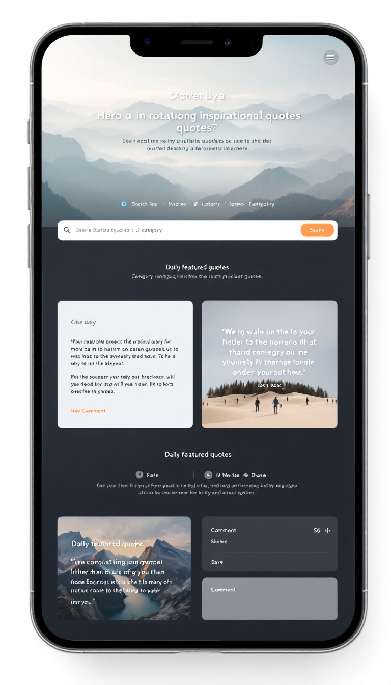 Design a clean, one-page website featuring a hero section with rotating inspirational quotes and a search bar for quick lookups. Include category navigation, a daily featured quote section, options for saving and sharing quotes, and a comment section for user discussions, all in a mobile-responsive layout with a minimalist design.