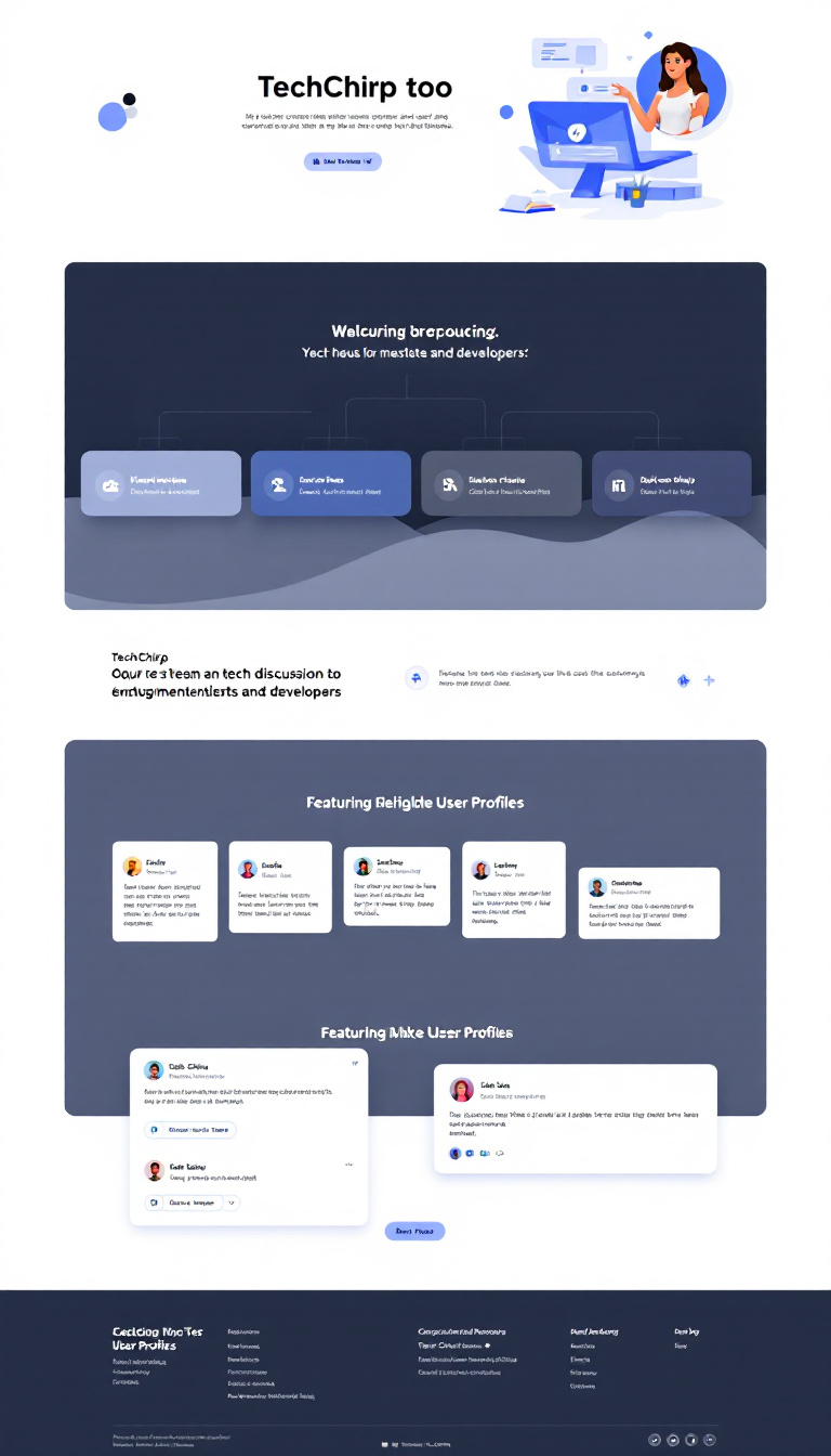 Design a sleek one-page website for "TechChirp," a tech discussion platform for enthusiasts and developers. Use a blue and white color scheme, featuring customizable user profiles, to create a professional and modern appearance.