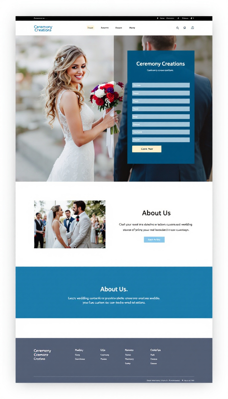 Design a one-page website for 'Ceremony Creations' featuring a contact form, an About Us section, and a blue and white color scheme. The layout should be catchy yet professional to appeal to local customers seeking wedding services.