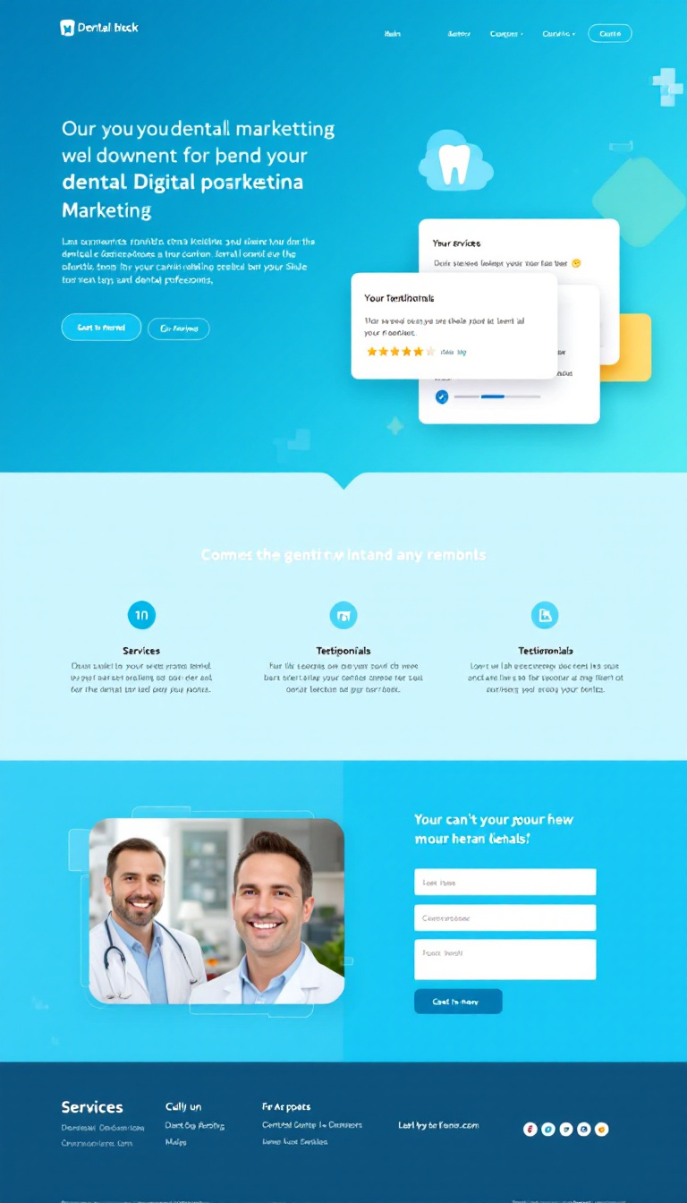 Design a clean and simple one-page landing website for dental digital marketing, aimed at attracting dental professionals. The layout should highlight services, testimonials, and a clear call to action.