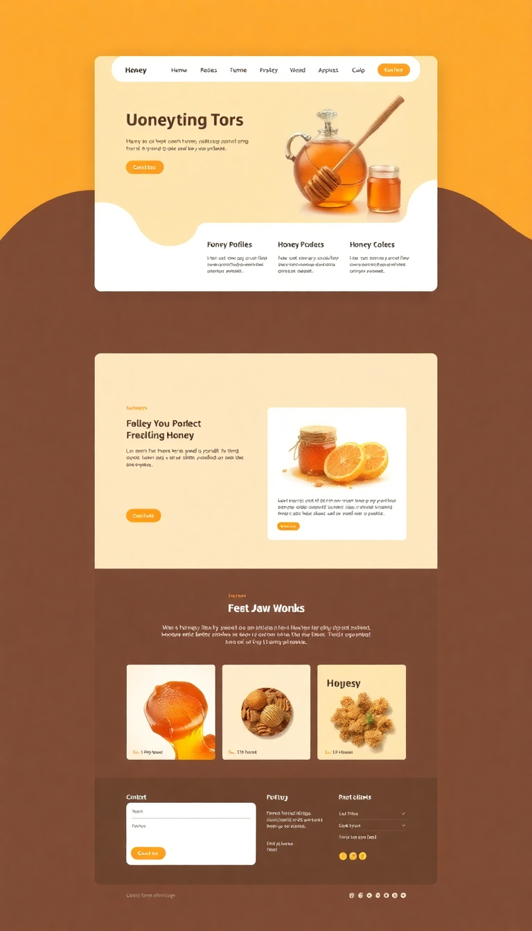 Design a simple, one-page website for a honey shop, featuring a warm color palette, images of honey products, and sections for product descriptions and contact information. The layout should be clean and user-friendly.