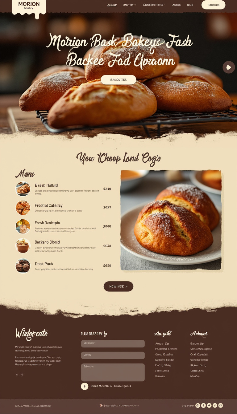 Design a one-page website for 'Morion Bakery' featuring a menu of fresh baked goods and a contact form. Use a warm color palette to create a cozy and inviting atmosphere.
