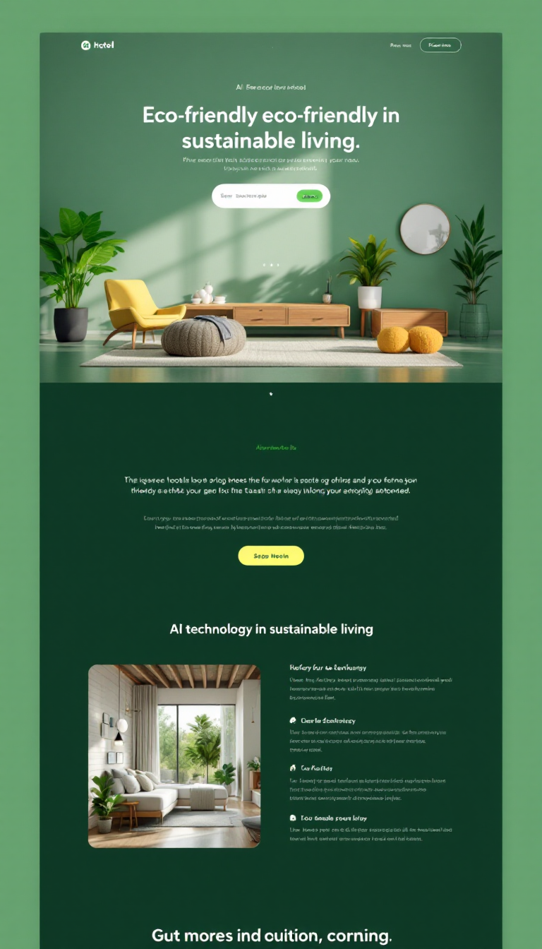 Design a one-page website section for a hotel that showcases eco-friendly room rentals, emphasizing AI technology in sustainable living. Include clean layouts, modern visuals, and user-friendly navigation.