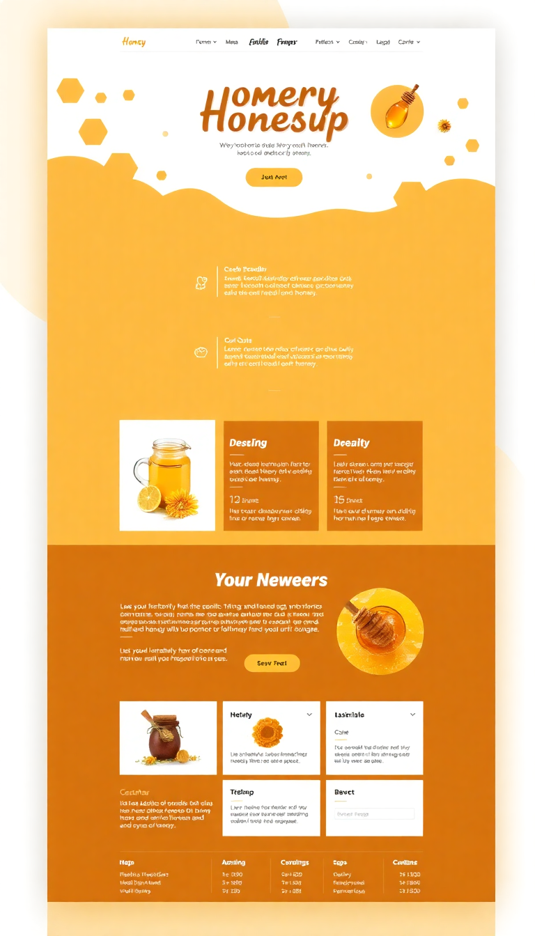 Design a simple one-page website for a honey shop, featuring a warm color palette, honeycomb patterns, product images, and a clear call-to-action for purchasing. Include sections for product description, customer testimonials, and contact information.