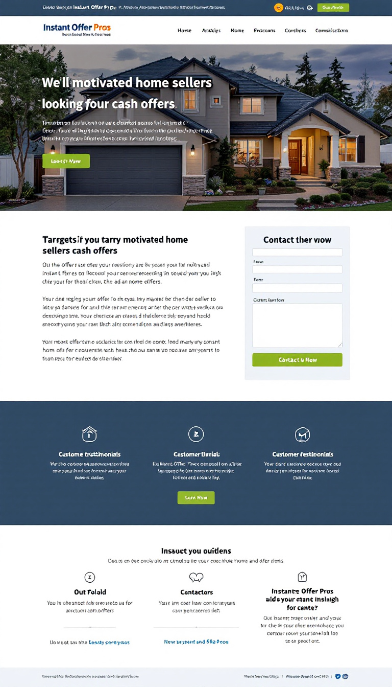 Design a clean, one-page website for Instant Offer Pros, targeting motivated home sellers looking for cash offers. Include a user-friendly layout with a contact form, customer testimonials, and a prominent call-to-action to encourage inquiries, all while maintaining a professional and trustworthy appearance.