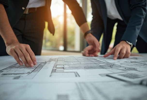 Hotel development professionals reviewing architectural plans and 3D models of a luxury resort project