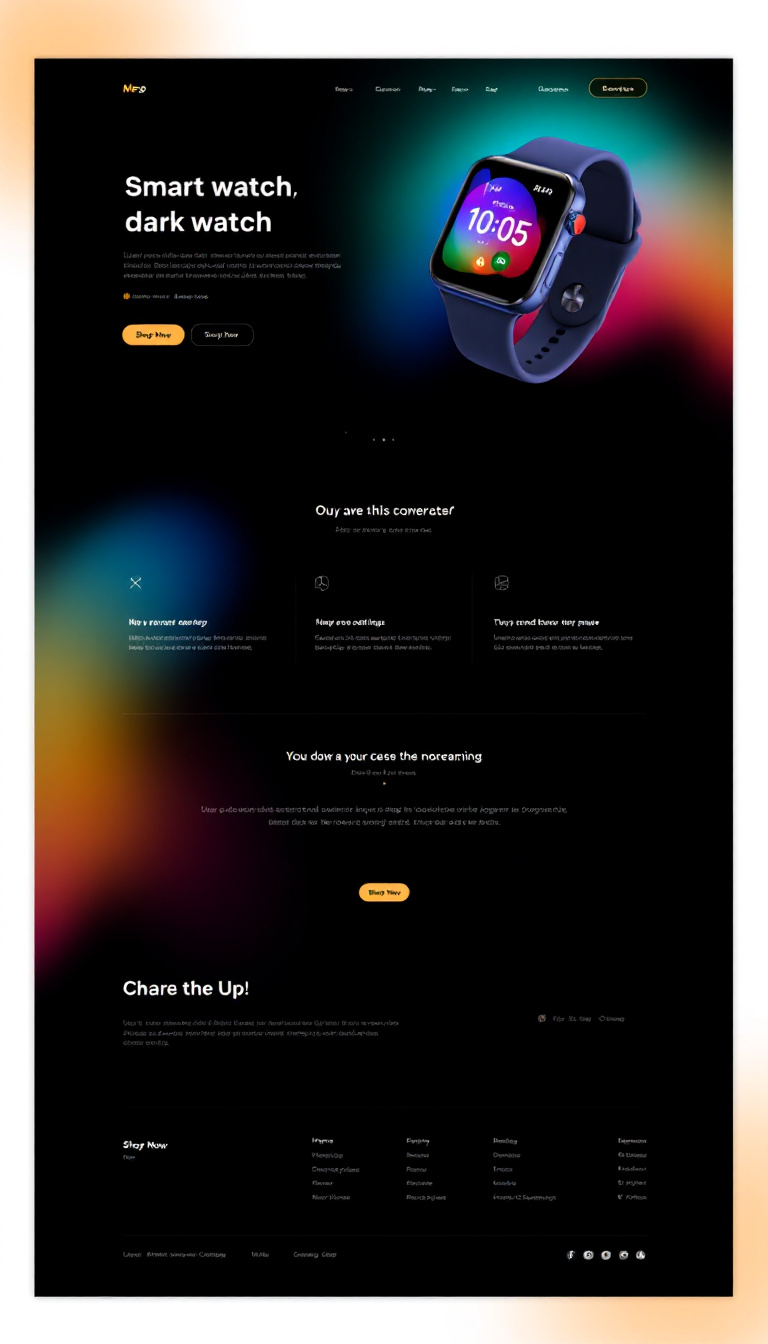 Create a modern dark mode landing page for a smartwatch, featuring vibrant colors and a prominent "Shop Now" button. The design should be sleek and user-friendly.